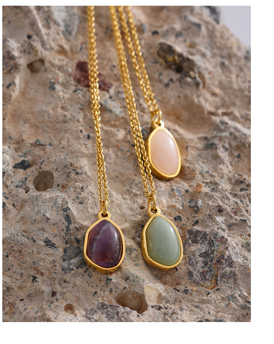 Thumbnail: Stainless Steel Crystal Green Purple Natural Stone Pendant Simple Necklace