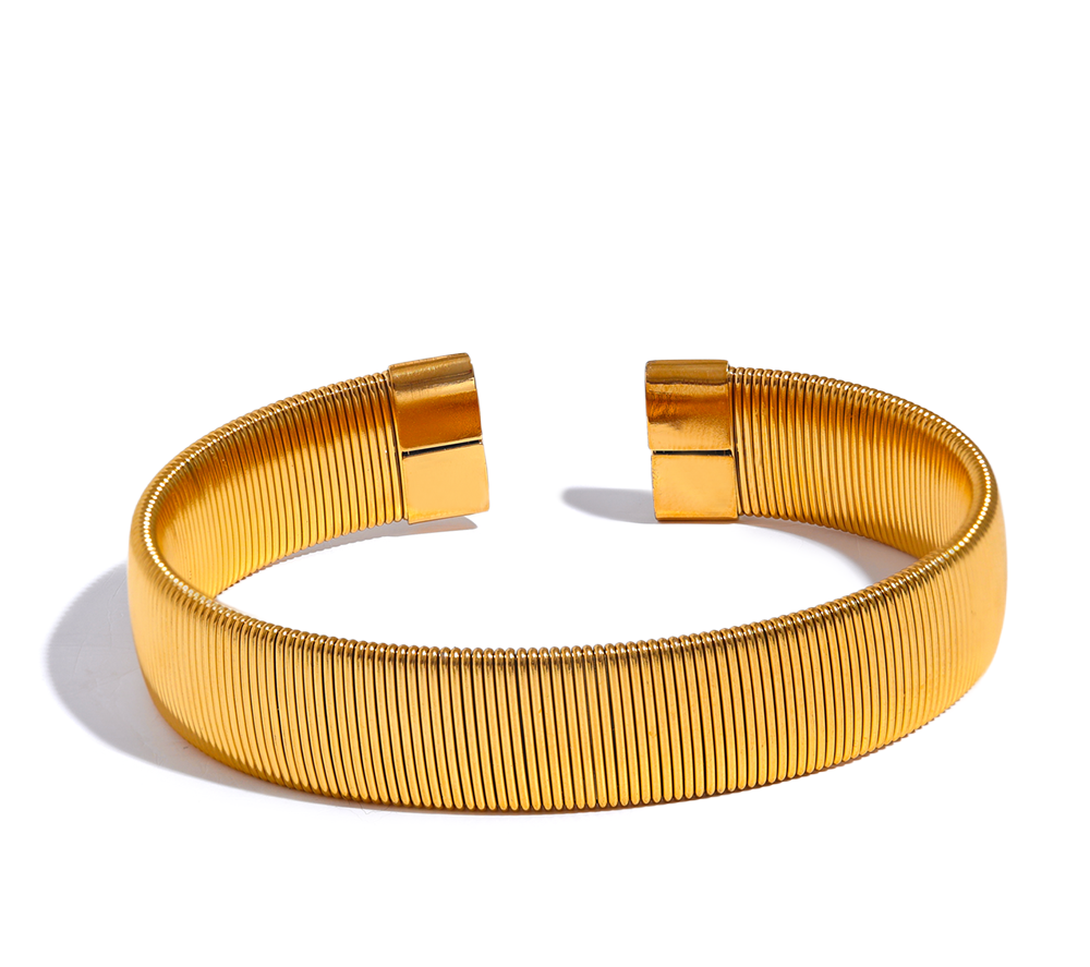 Wide Waterproof Stainless Steel Metal Texture Open Cuff Bracelet Bang