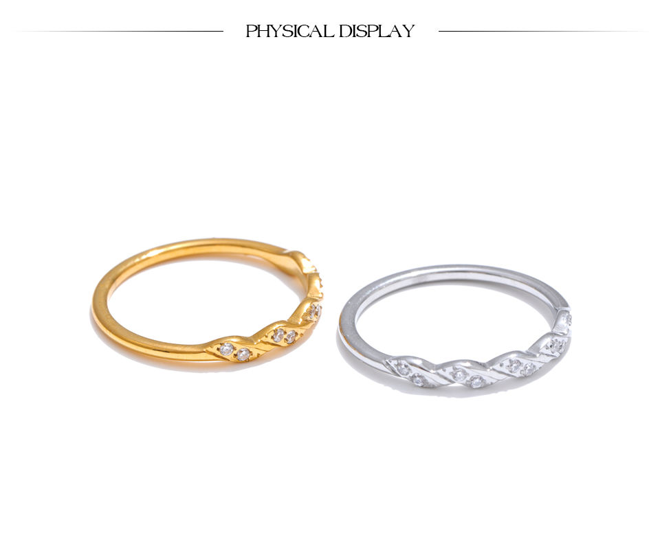 Thumbnail: Arrivals Stainless Steel Zirconia Wave Shape Thin Finger Ring 18K PVD Plat