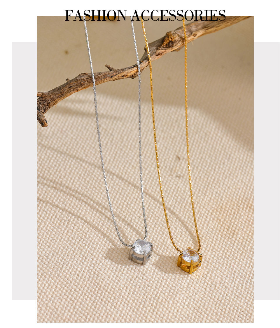 Thumbnail: Korean Chic Stainless Steel Shiny Cubic Zirconia Cast Delicate Necklace Pe