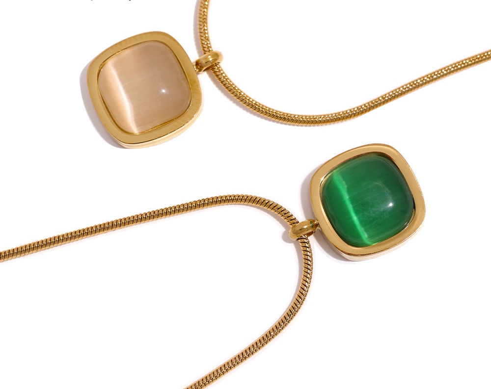 Square Green Opal Stone Pendant Drop Dangle Necklace for Women Charm Jewel