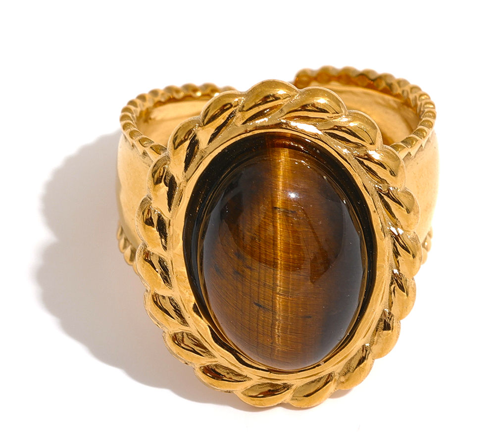 Stainless Steel Wide Chunky Ring Inlaid Tiger Natural Stone Jewelry Trend