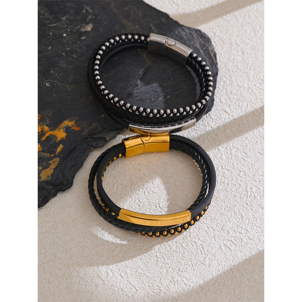 Thumbnail: Statement Black Leather Braided Double Layer Retro Bracelet Bangle fo