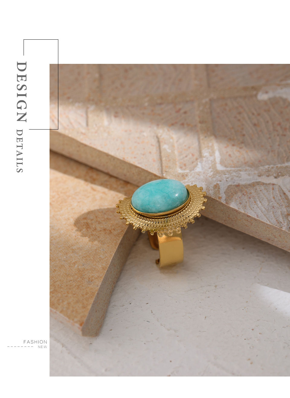 Thumbnail: Stainless Steel Stone Rings Charm Metal Statement Jewelry Gold Color Geome