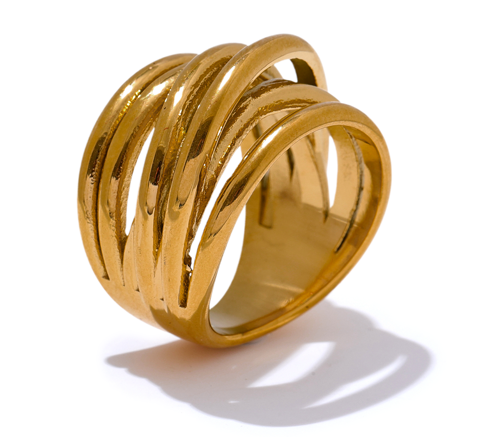 Stainless Steel 18K PVD Plated Metal Geometric Golden Wide Ring Trendy Gol