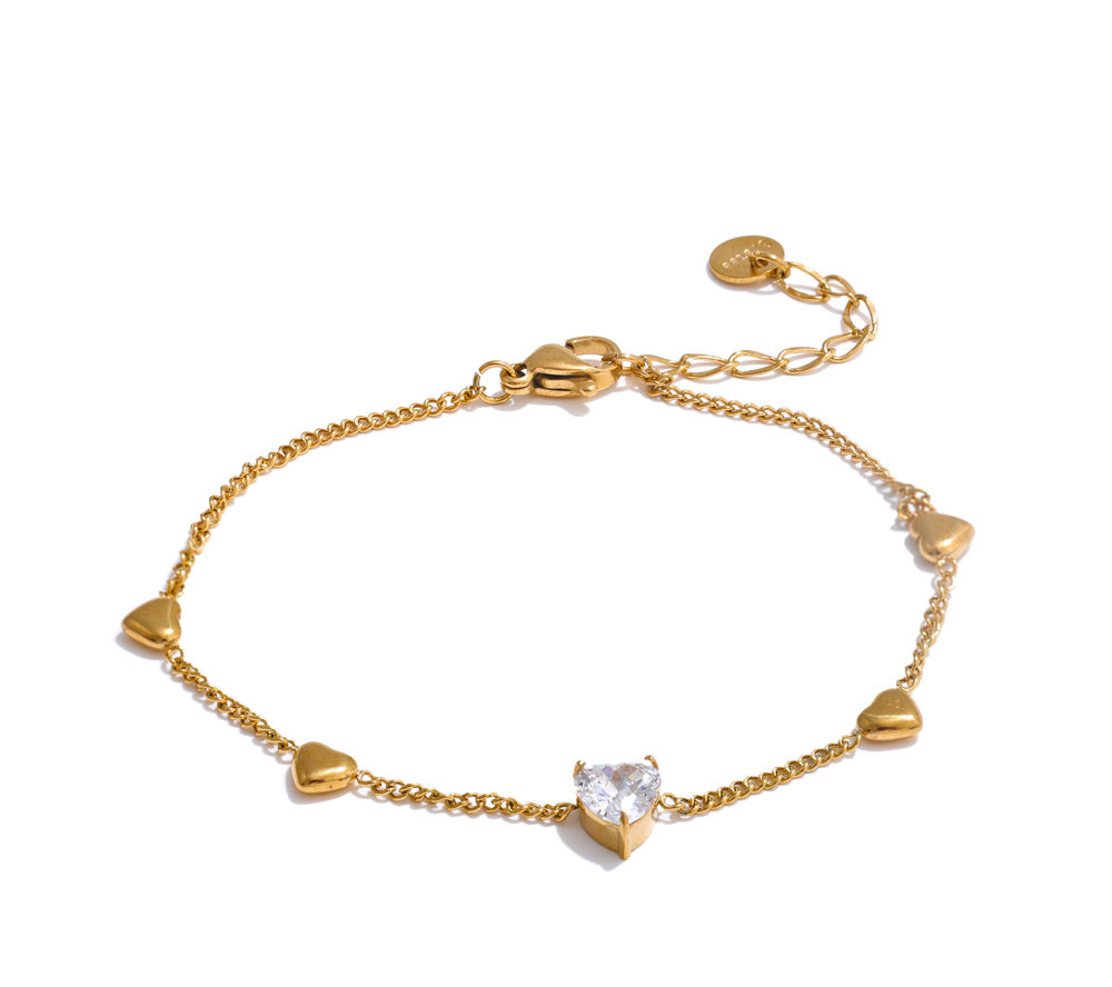 Zirconia Heart Love Chain Fashion Bracelet Bangle Waterproof Stainless Ste