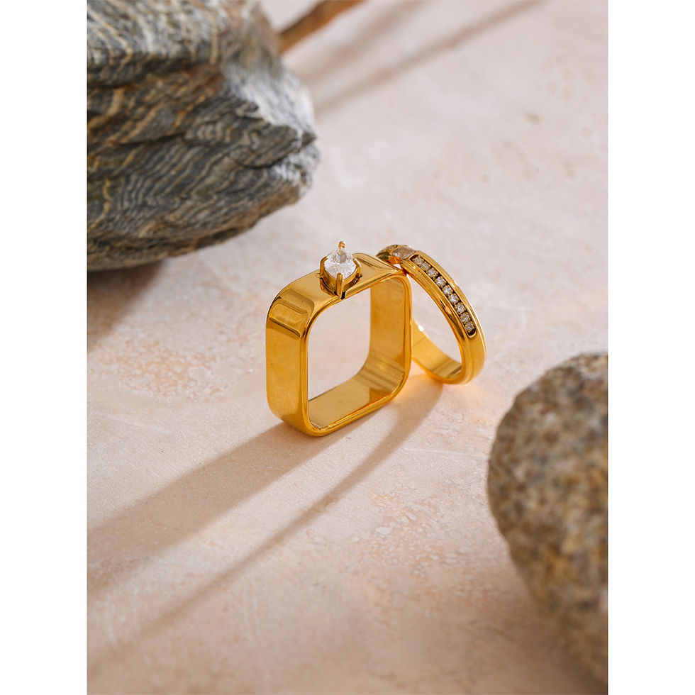Thumbnail: Smooth Stainless Steel Zirconia Round Square Golden PVD Ring for