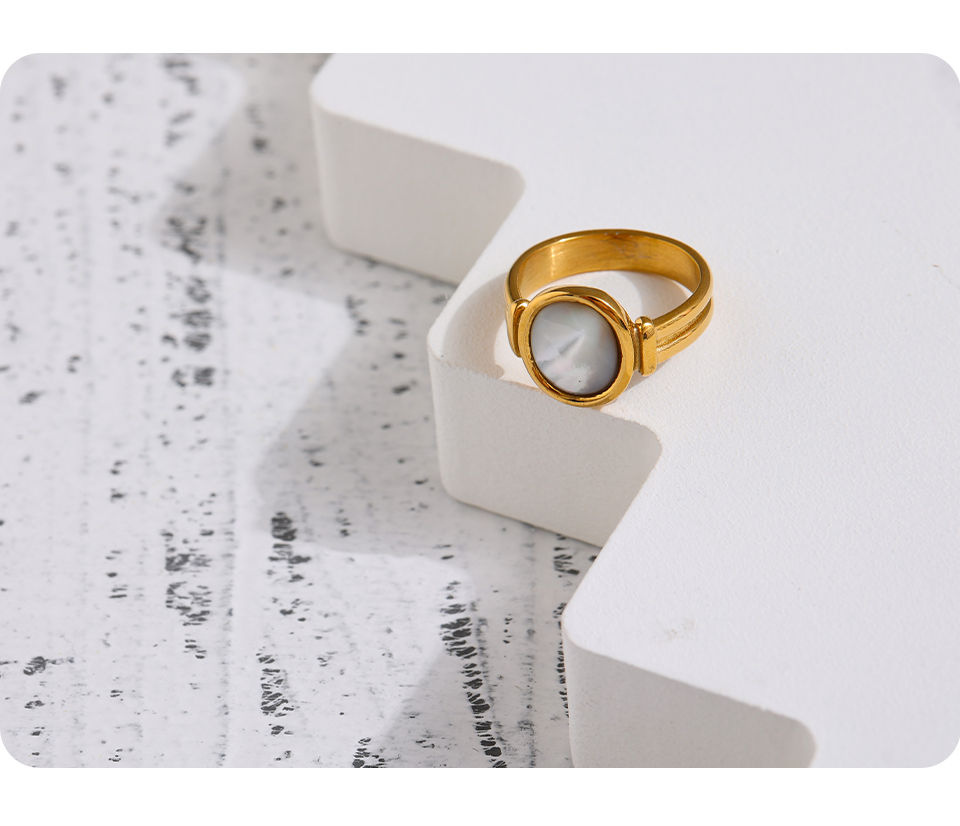 Thumbnail: Stainless Steel Natural Shell Ring New France Metal Gold Color Round Finge