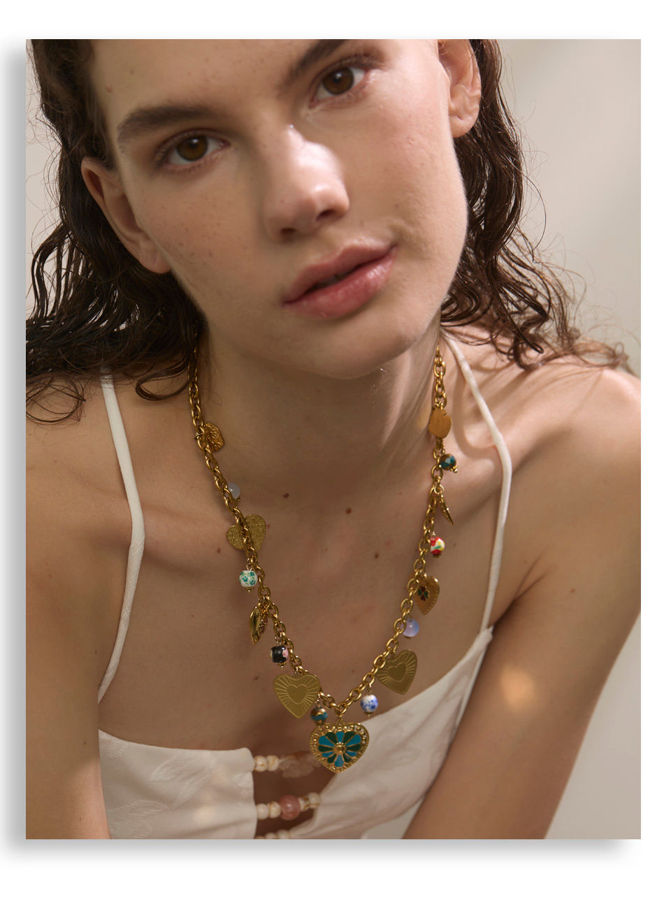 Thumbnail: 2025 Exquisite Stainless Steel Ceramic Beads Heart Love Drop Necklace High