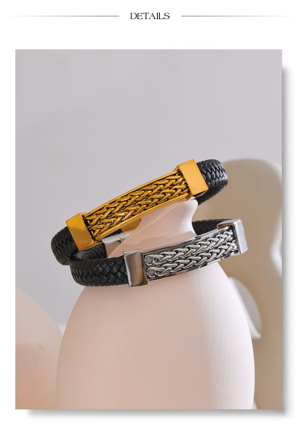 Thumbnail: Personalized Stainless Steel Leather Metal Chain Wide Bracelet Bangle