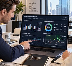 dentifica qué está frenando tu negocio y dónde existen oportunidades reales de crecimiento. Analizamos tu entorno comercial, clientes, competencia y capacidades para comprender los factores que influyen en tus resultados y priorizar decisiones estratégicas. Obtienes un diagnóstico de mercado, identificación de oportunidades/riesgos y una matriz de prioridades