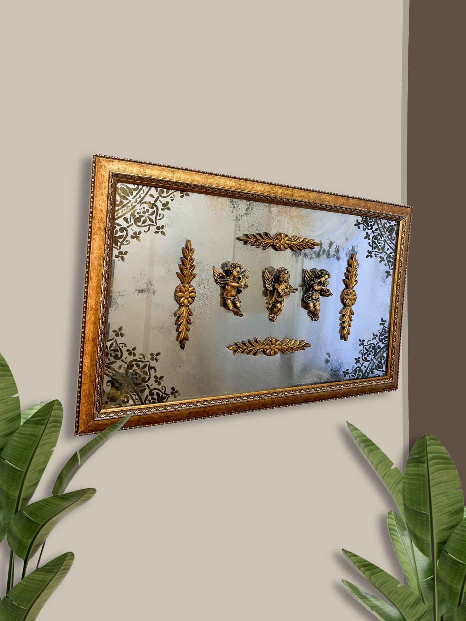 3’lü Polyester Melek Altın Ahşap Ayna