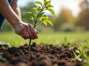 eye-level view of a student planting a tree in a community garden