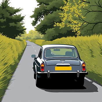 design a simple picture of a car driving through a narrow british country side lane with h