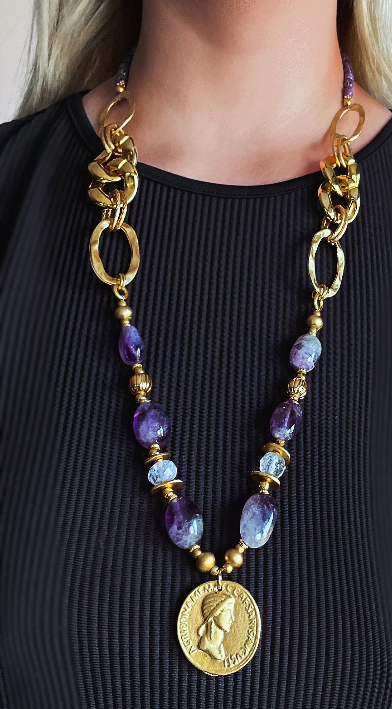 Amethyst Coin Necklace, Gemstones Collection, Roman Coin, 24K Gold-filled