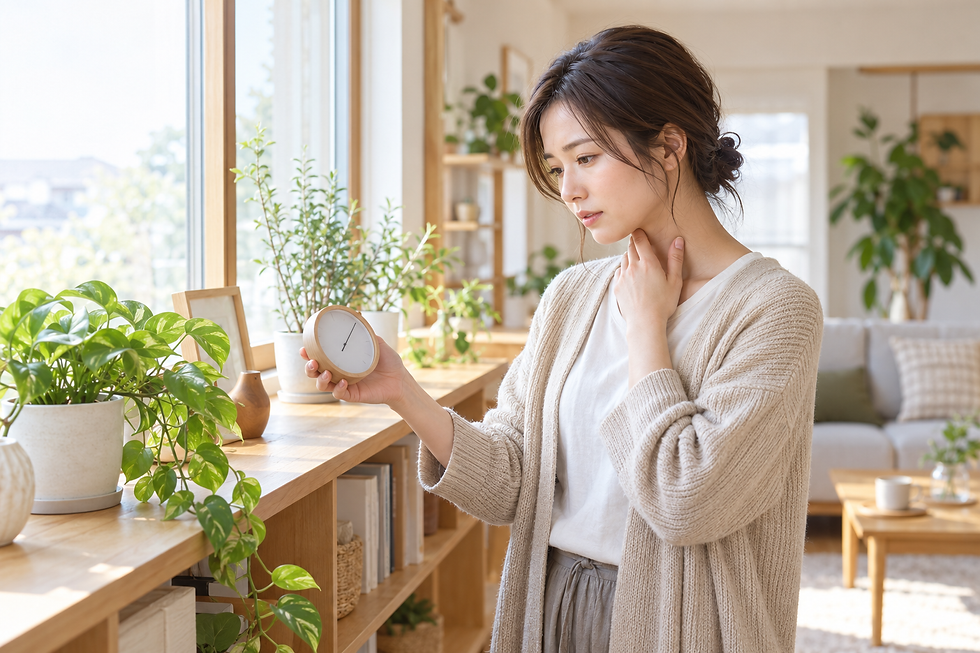 日の差す窓辺の棚の前で、丸いアナログの湿度計を手に持って見ている人
