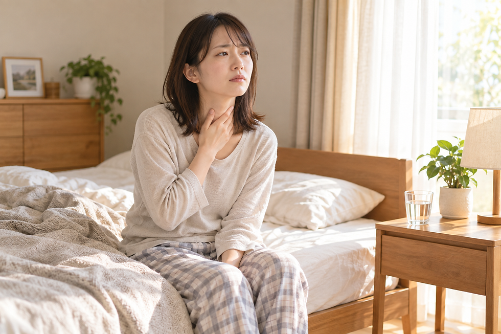 朝の寝室でベッドの縁に座っている人と、枕元に置かれたコップの水