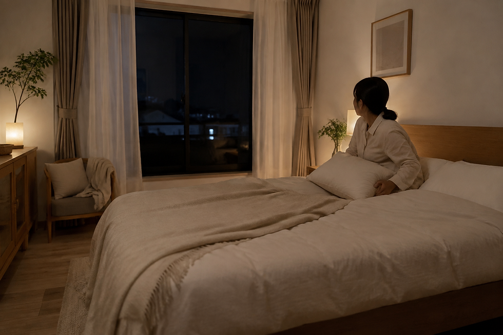 夜、寝室のベッドサイドで枕を軽く整えながら窓の外の様子をうかがっている人