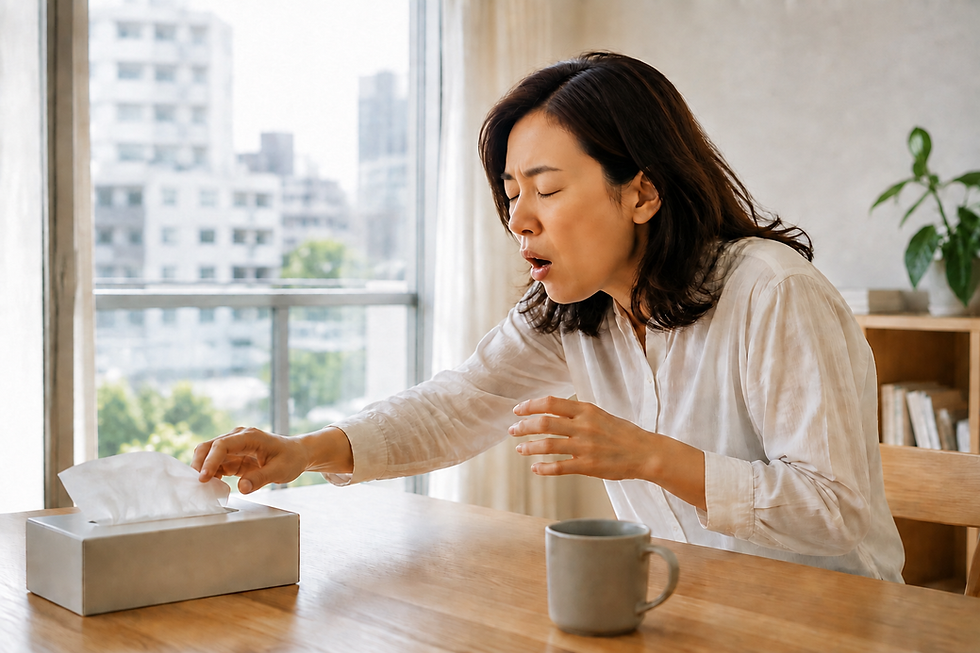 リビングのテーブルでティッシュボックスに手を伸ばしながら顔を上げている人