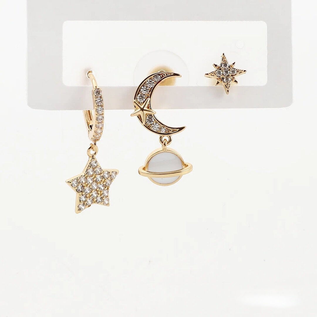 Gold Huggie Planet & Star Earrings | Gold Plated