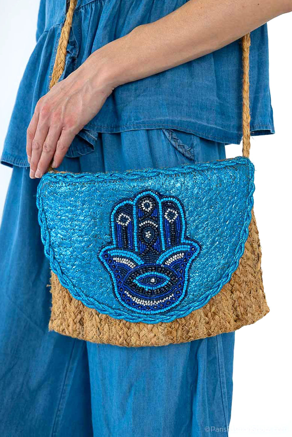 Thumbnail: Hamsa Metallic Woven Shoulder Bag | Blue