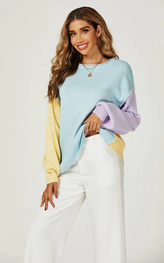 Relaxed Yellow & Purple Block Colour Jumper Top In Blue