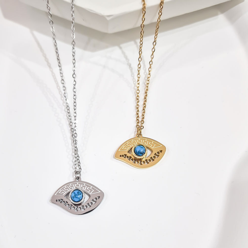 Thumbnail:  Larisa Turquoise Evil Eye Necklace with Greek Key Engraving | Stainless Steel

