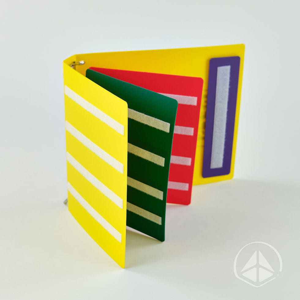 Thumbnail: Large yellow PECS communication book with green and red removable insert pages and a purple sentence strip.