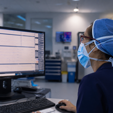 Clinical neurophysiologist and FRWRDx alum Vânia Pinto in scrubs reviewing patient records at a computer workstation in a hospital setting.