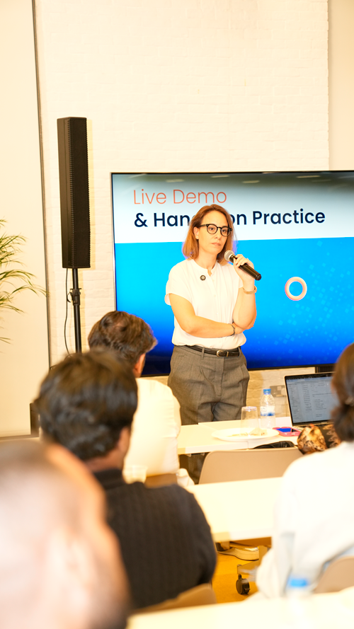 Sophia Benafara leading a live training session at a FRWRDx founder Booster in Dubai