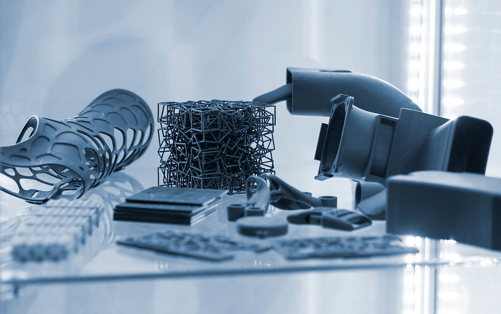 Complex multi-part models printed on 3D printer from black polyamide powder Detailed proto