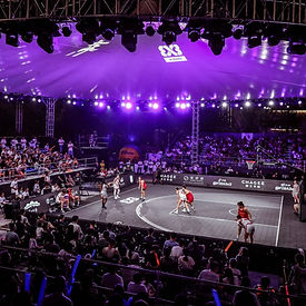 FIBA 3x3 World Tour court in Bordeaux, France — outdoor basketball setup with fans and a vibrant atmosphere.