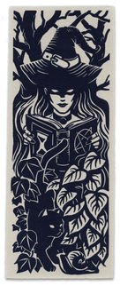 Linocut image of a witch reading a book surrounded by ivy and a cat. Spooky bookmark
