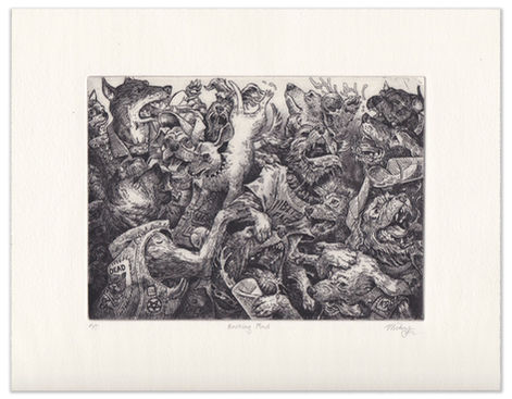 Etching print of multiple breeds of dogs in a mosh pit. They are drinking and wearing battle jackets.