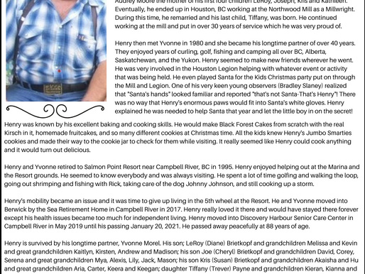 Heinrich (Henry) Joseph Breitkopf - June 13, 1932 - January 20 2021