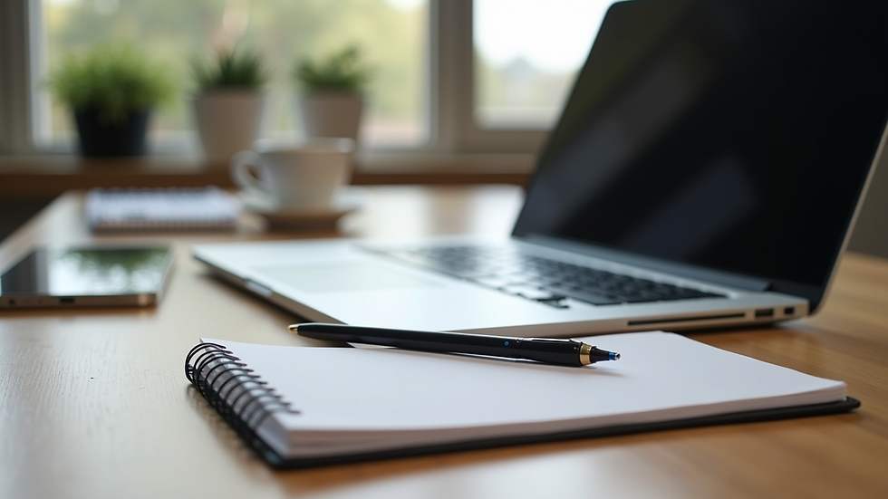 Close-up view of a laptop and notebook on a desk, symbolizing virtual therapy sessions