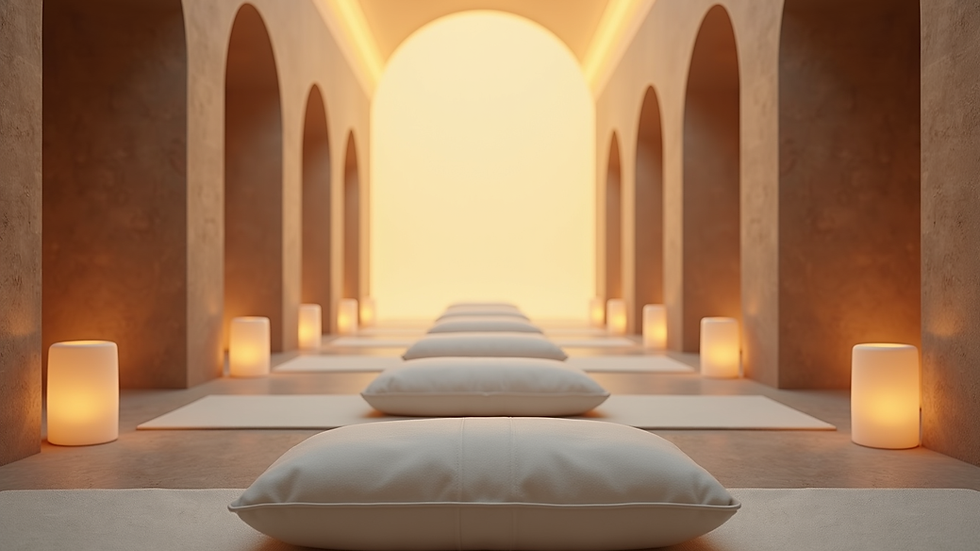 Eye-level view of a serene meditation space with cushions and soft lighting