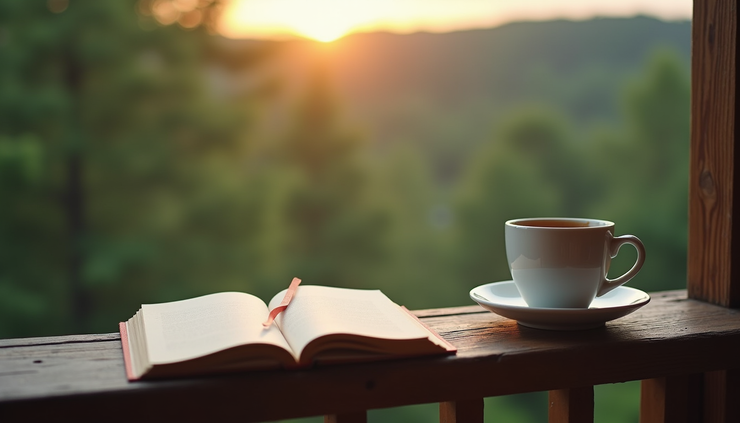 Close-up view of a journal and coffee cup on a balcony overlooking a forest