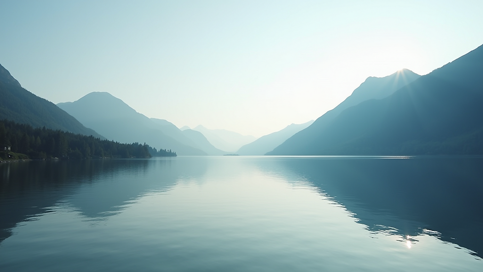 Wide angle view of a serene landscape with a calm lake and mountains