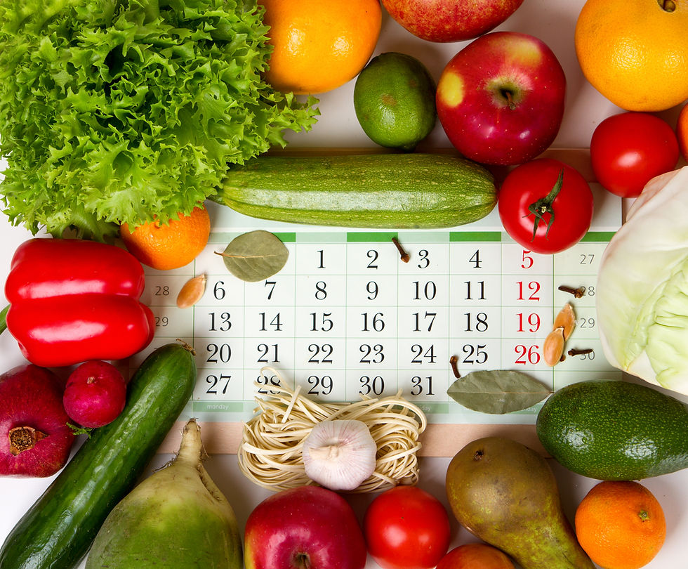 A calendar surrounded by food and vegetables