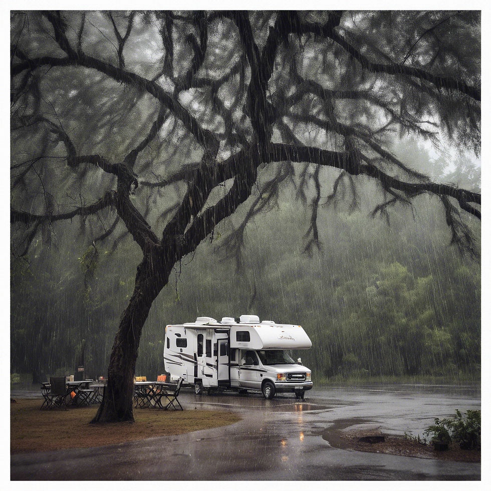 camper in a campground surviving tropical weather