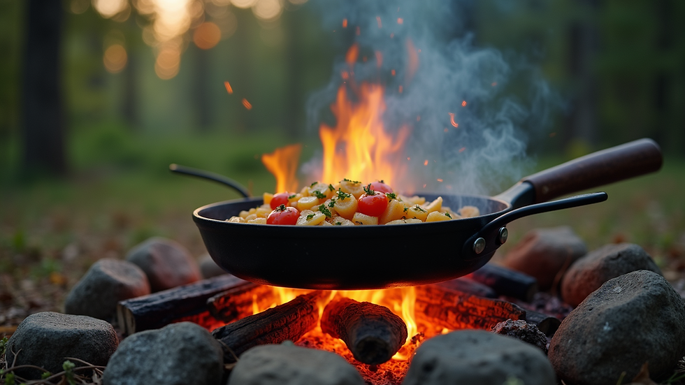 Eye-level view of a campfire with a skillet cooking simple camping meal