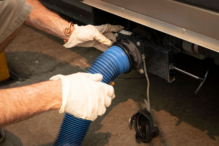 Hands in gloves connect a blue hose to an RV sewage outlet. Concrete ground visible. Task-focused mood.
