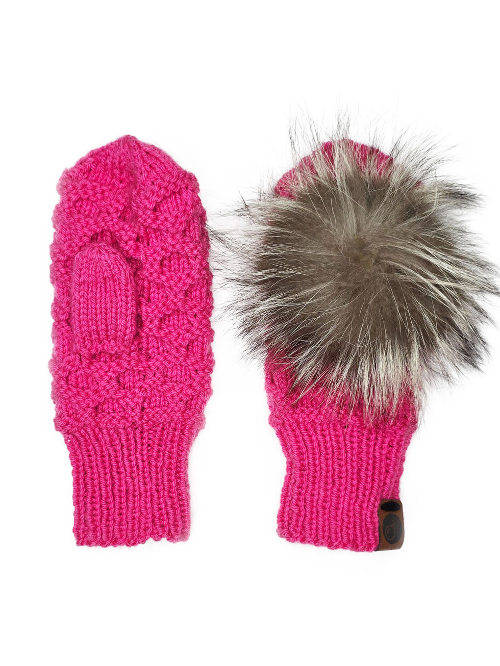 handknit in canada winter mitts, with real fur removable pom poms.