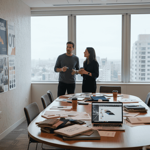 Team viewing mood boards for brand identity