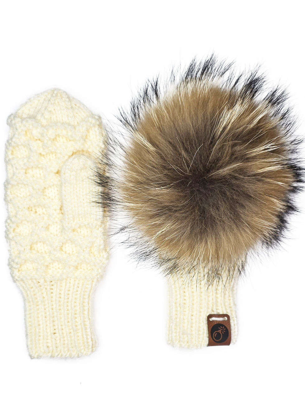 handknit in canada winter mitts, with real fur removable pom poms.