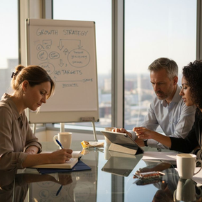 Consultant consulting with clients in office