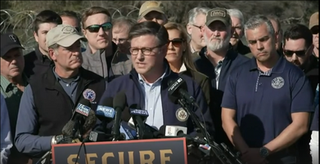 House Speaker Mike Johnson discusses border security priorities at a news conference near the U.S.-Mexico border in Eagle Pass, Texas