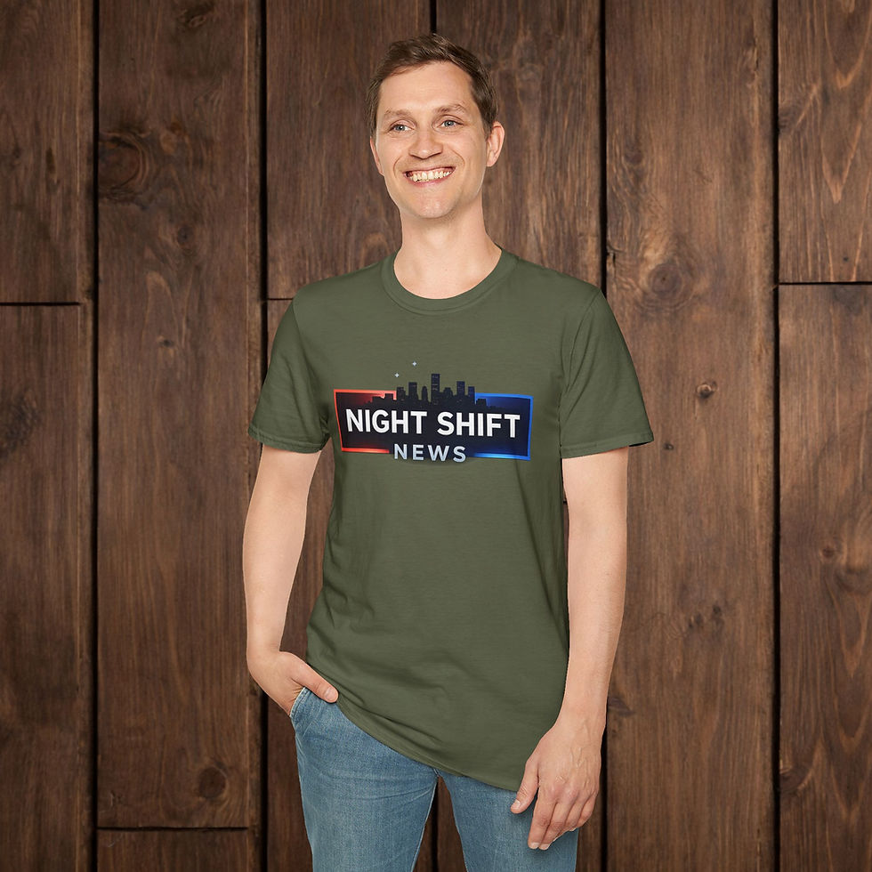 サムネイル： Night Shift News T-Shirt — Skyline Logo Tee for Late Shift Workers