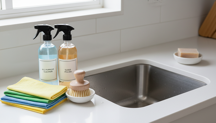 Close-up view of cleaning cloths and spray bottles beside a polished kitchen sink